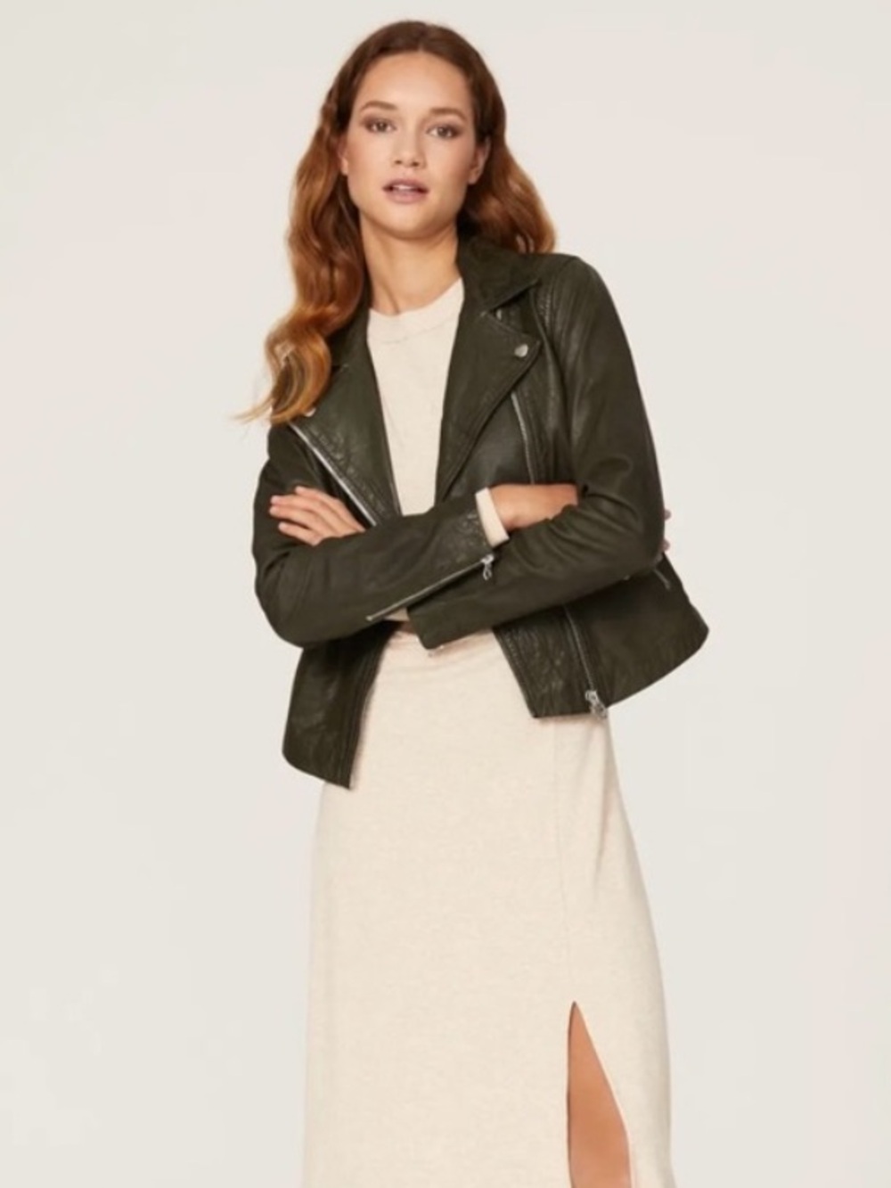 Madewell Washed Olive Green Leather Moto Jacket - LIKE NEW